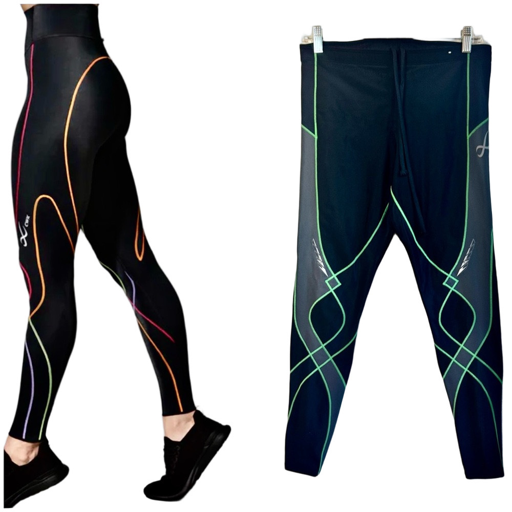 CW-X Black Leggings with Multicolor and Green Accent Lines